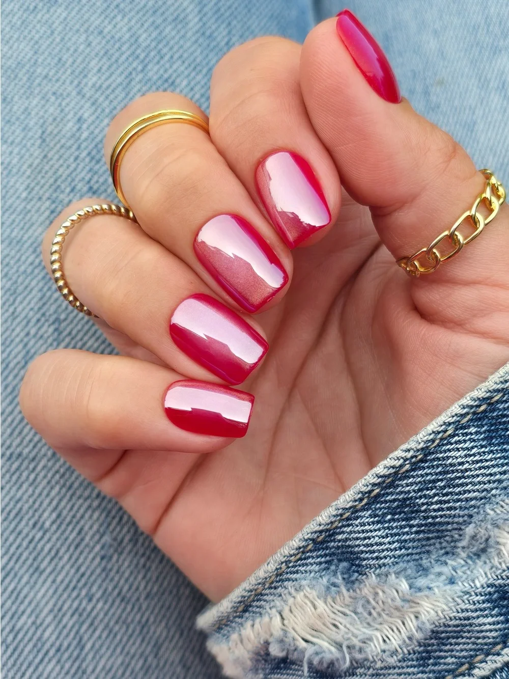 Short Coffin Holographic Press-On Nails in Berry Pink by Red Aspen